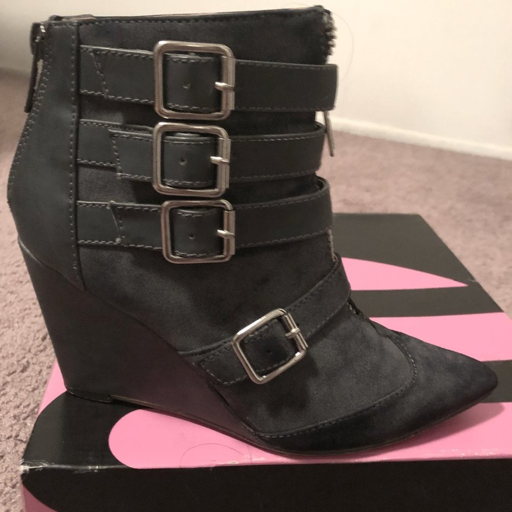 Buckle Suede Wedge Boot Booties -Slate Blue Gray -Size 6.5 -Like New